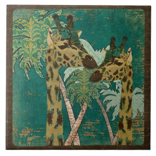 Azulejo retro dos girafas azuis tropicais de
