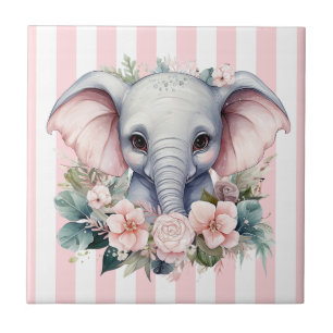 Azulejo Rosa e Listra Branca Elefante Floral