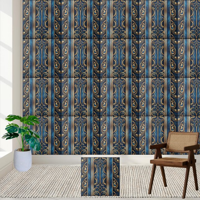 Azulejo sofisticado de padrão grego azul e Dourado (Sophisticated Blue and Gold Greek Pattern Tile)