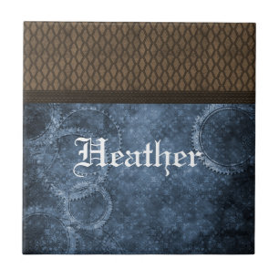 Azulejo Steampunk de Engrenagens Metálicas, Azul