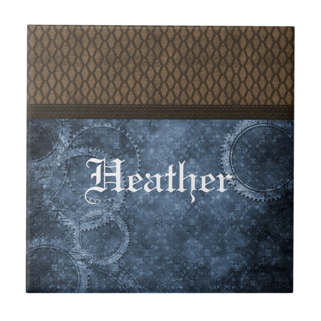 Azulejo Steampunk de Engrenagens Metálicas, Azul (Frente)