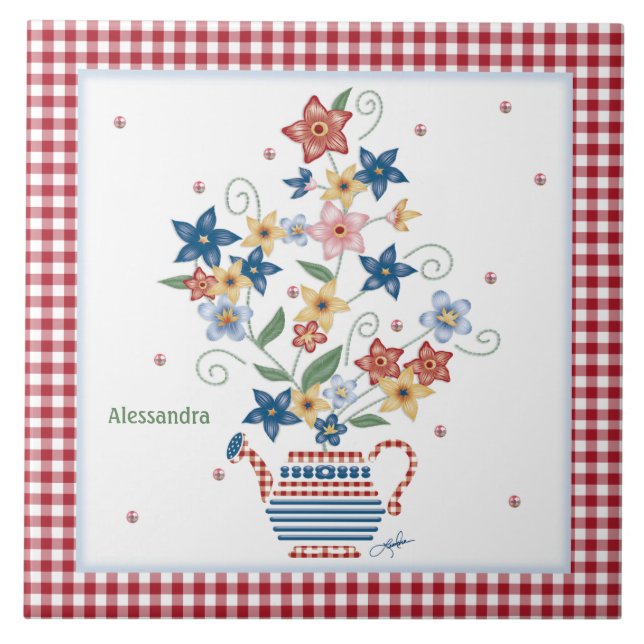Azulejo Stencil Floral Vermelho Gingham Personaliz (Frente)