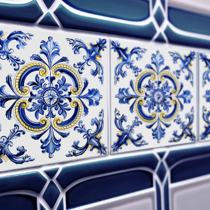 Azulejo Talavera de Cerâmica Azul e Amarelo