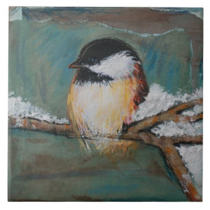 Azulejo tampado do Chickadee   do inverno preto