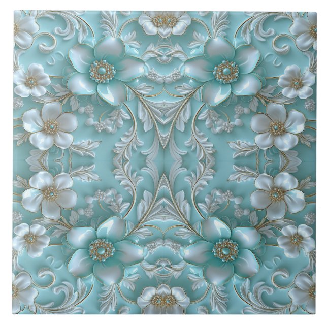 Azulejo Teal White Floral Cerâmica (Frente)