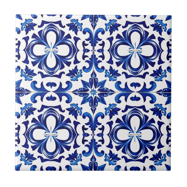 Azulejo tradicional de cerâmica portuguesa azul e  (Frente)