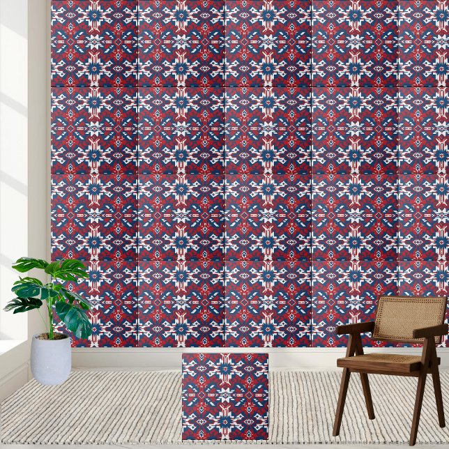 Azulejo Tribal Vermelho Branco e Azul Geométrico (Red White and Blue Geometric Tribal Tile)