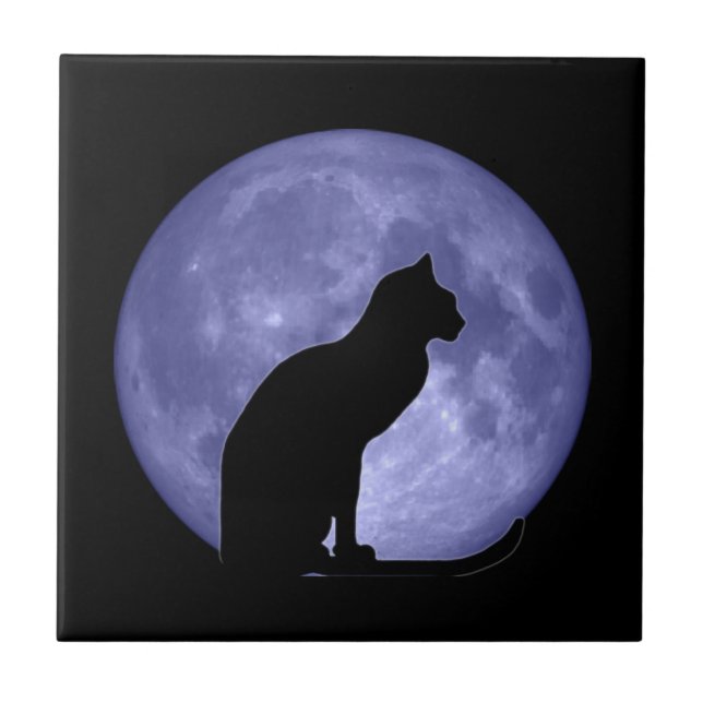 Azulejo Trivet da lua azul de gato preto (Frente)