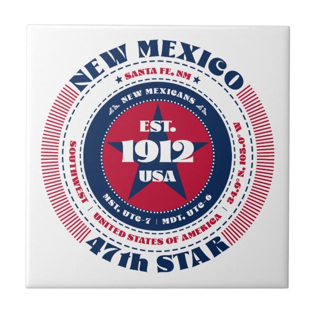 Azulejo vermelho, branco e azul Novo México cerâmi (Frente)