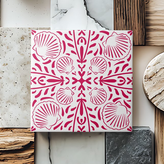 Azulejo Vermelho Costeiro de Cozinha com Coral (Red Coastal Sheashell Coral Kitchen Backsplash Ceramic Tile)