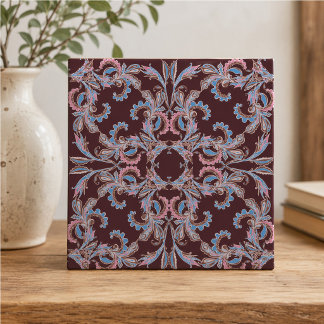Azulejo Vintage Rosa e Azul Arabesco em Burgundy P