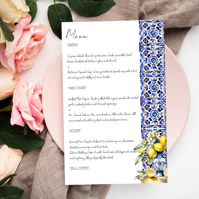 Azulejos azuis italianos Amalfi — cartão de menu d (Amalfi Italian blue tiles lemons menu card template personalized wedding tableware elegant menu card)