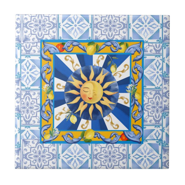 Azulejos azuis, sol siciliano, mosaico, majolica,  (Frente)