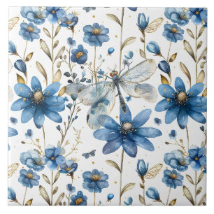 Azulejos Cerâmicos Florais Libélula Azul e Flores