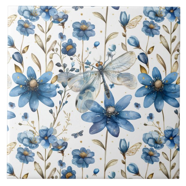 Azulejos Cerâmicos Florais Libélula Azul e Flores (Frente)