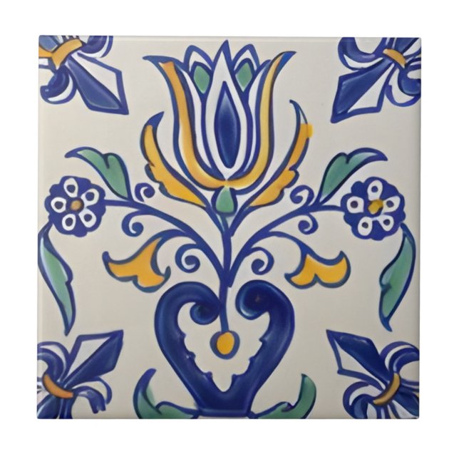 azulejos clássicos de padrão floral amarelo azul-t (Frente)