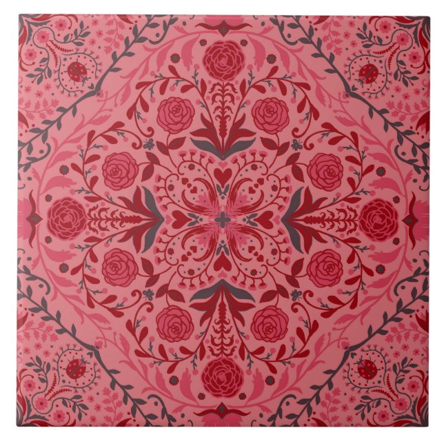 Azulejos florais em vermelho e melancia rosa (Frente)
