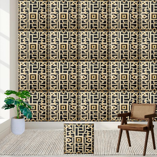 Azulejos gregos clássicos de creme branco negro cl (Classic Gold Cream White Black Ancient Greek Tiles)