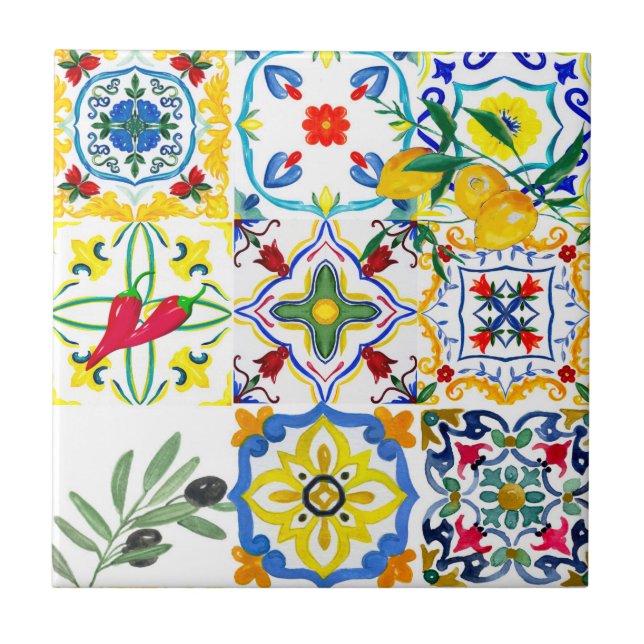 Azulejos mediterrânicos, azeitonas, pimentos pican (Frente)