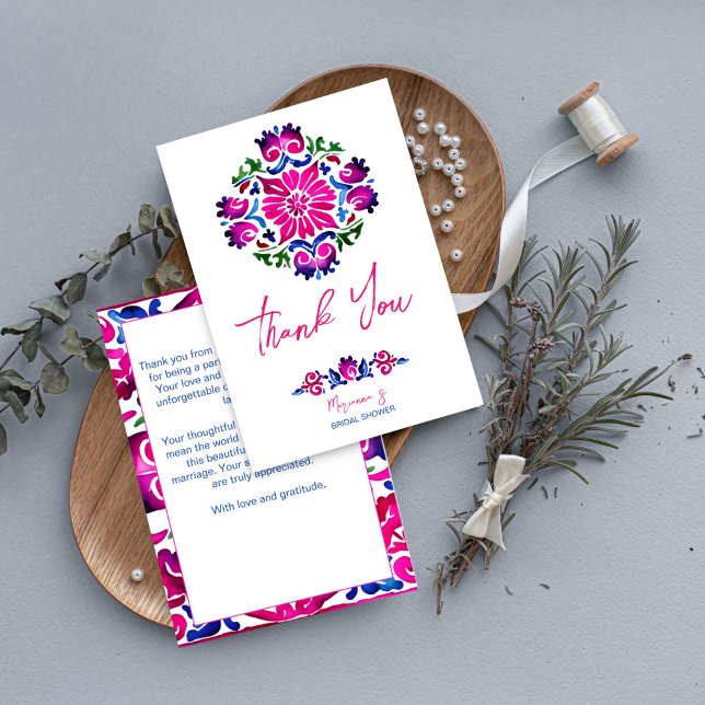 Azulejos mexicanos rosa azul agradecimento chá de  (Pink blue Mexican Spanish talavera tiles bridal shower thank you card wedding thank you card)