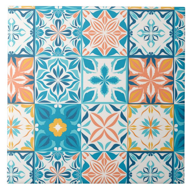 azulejos ornamentados em azul e laranja (Frente)