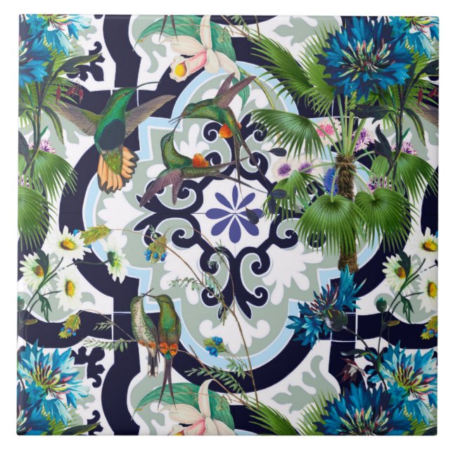 Azulejos, tropicais, flores, pássaros, beija-flor, (Frente)