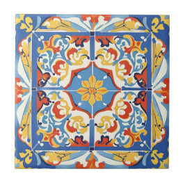 Azulejos vermelhos, azuis e amarelas