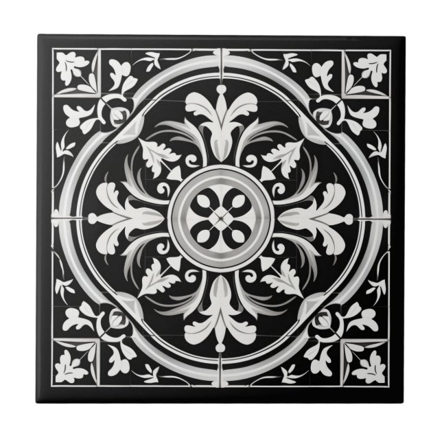 Azulejos Vintage, Preto e Branco, Padrão de Azulej (Frente)