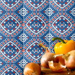 Azure Blue Red and White Ethnic Bohemian Patterian<br><div class="desc">Design de azulejo de decoração vibrante com um padrão sem costura composto por formas geométricas em azul,  vermelho e branco.</div>