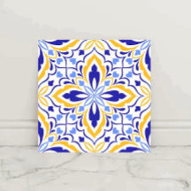Azure Elegance  Blue and Gold Floral Mosaic