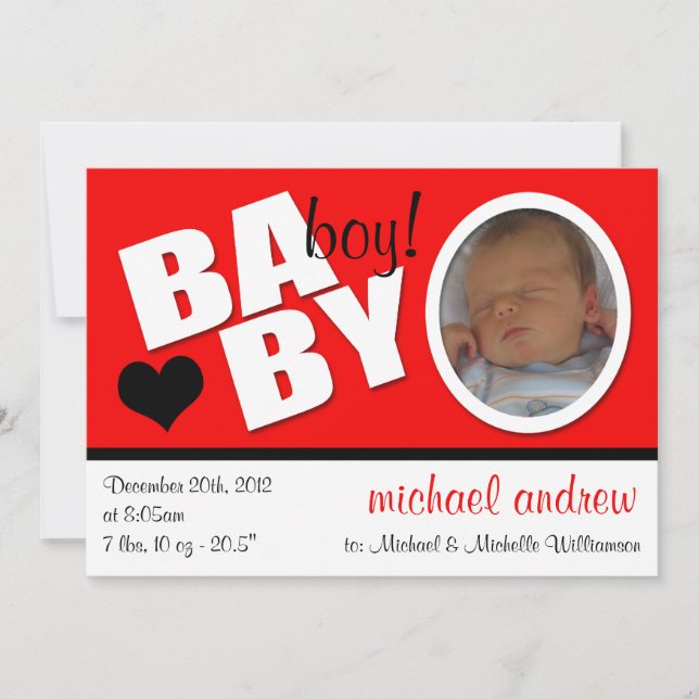 B A B Y Trendy Red Photo Birth Anúncio (Frente)