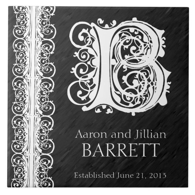 B Monograma Azulejo de Casamento "White Lace on Bl (Frente)