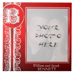 B Monograma "White Lace on Red" com Foto - Azulejo