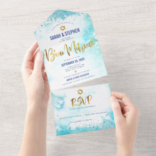 B’nai Mitzvah aquarela turquesa com escrita em dou
