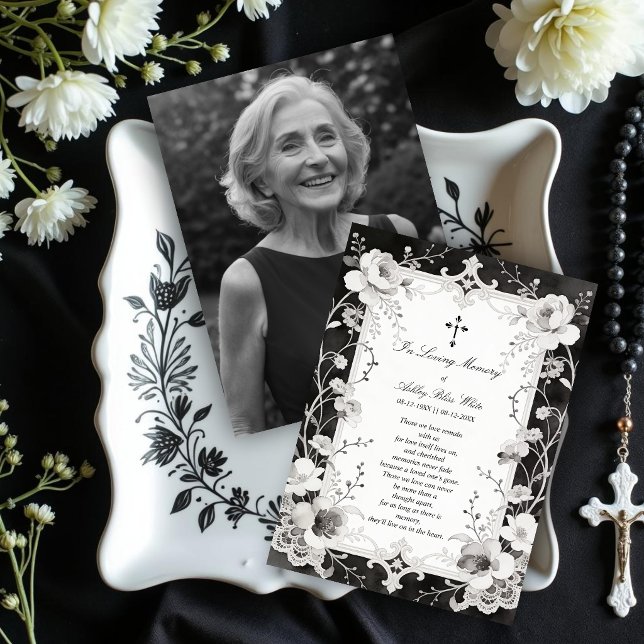 B&W Ornate Lace and Floral Memorial Photo (Victorian-Inspired Black and White Ornate Lace Effect and Floral Border Memorial Keepsake.)