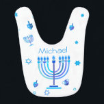 Babador Monograma Hanukkah Feriado Judeu Menorah<br><div class="desc">Monograma e Símbolo Hanukkiah. Feliz Festa de Hanukkah Feriado Judeu Menorah Azul. Decoração de Feriado Judeu Chanukkah com o símbolo decorativo tradicional de Chanuka - Marinho Blue color hanukkiah menorah, candelabro com velas, estrela de David e ilustração azul neon brilhante. Festa de Chanucá das Luzes Decoração do Evento. Jerusalém, Israel....</div>