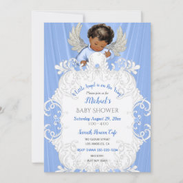 Baby Angel Blue Silver Dark Skin Tone Convite