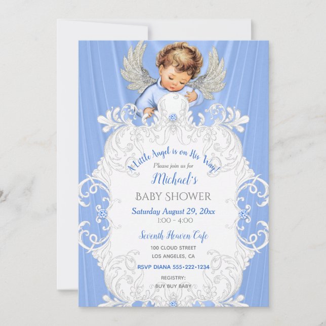 Baby Angel Blue Silver Light Skin Tone Convite (Frente)