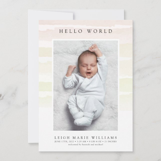 BABY BIRTH ANUNCEMENT Hello Watercolor Stripes (Frente)