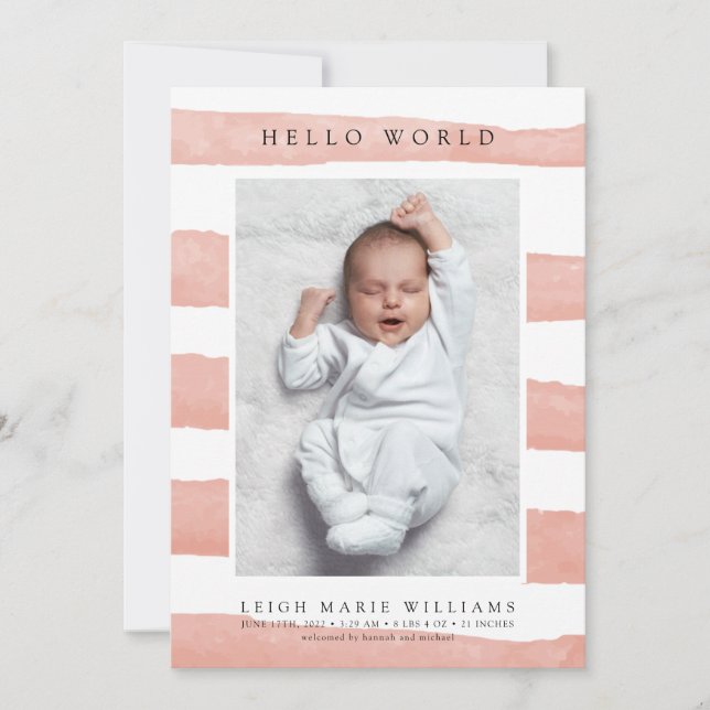 BABY BIRTH ANUNCEMENT Hello Watercolor Stripes (Frente)
