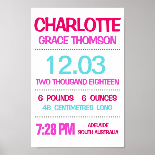 Baby Birth Stats Custom Wall Impressão - Poster -  (Frente)