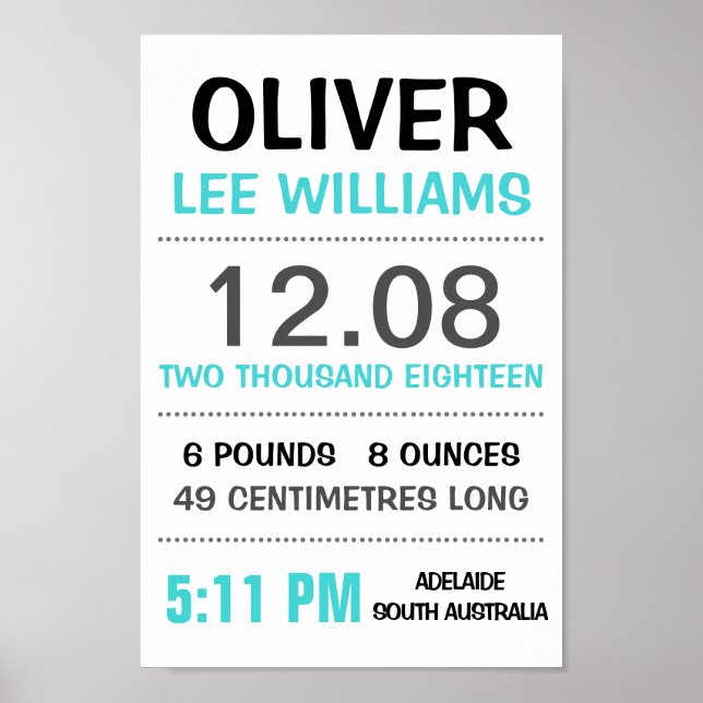 Baby Birth Stats Custom Wall Impressão Poster - Aq (Frente)