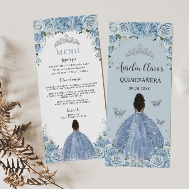 Baby Blue Floral Brown Princess Quinceañera Menu (Criador carregado)