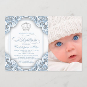 Baby Blue Prince Crown Baptism Convites