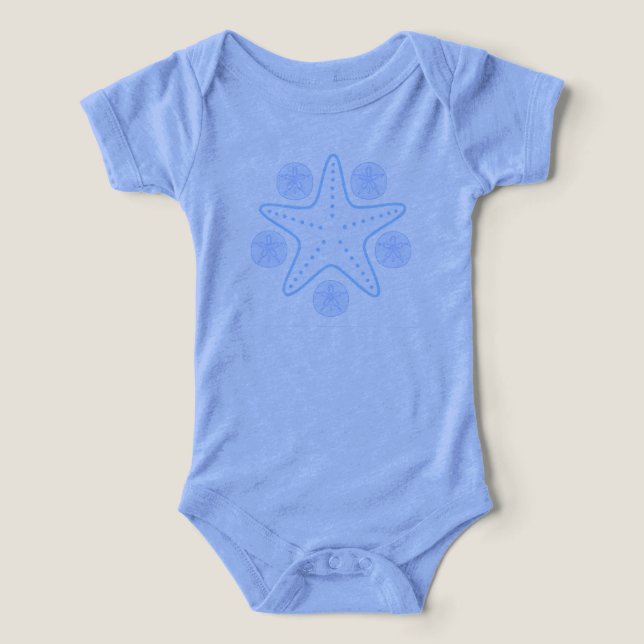 Baby blue tee shirt for boy with starfish shells (Design frontal)