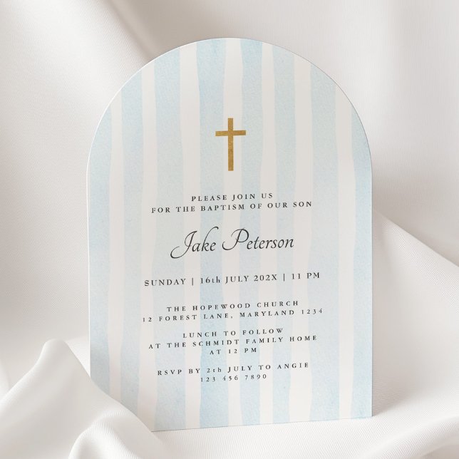 Baby Blue Watercolor Stripes Baptism Convite (Criador carregado)