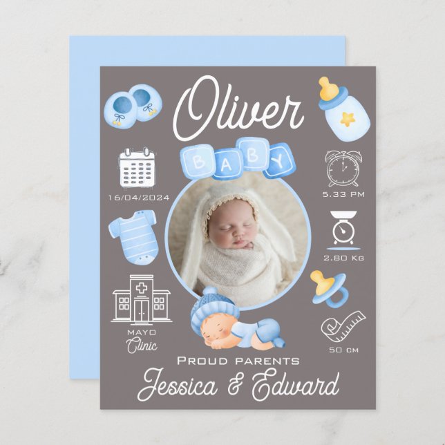 Baby Boy Birth Stats Blue Cinza Newborn Modern (Frente/Verso)
