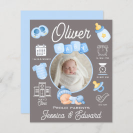 Baby Boy Birth Stats Blue Cinza Newborn Modern