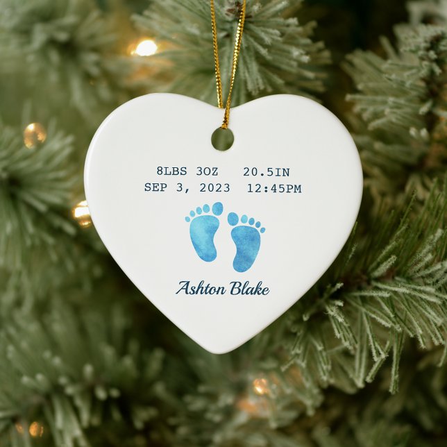 Baby Boy Keepsasasaem Recém-Nascidos Ornamento Car (Baby Boy Keepsake Newborn Stats Heart Ornament Watercolor Footprints)