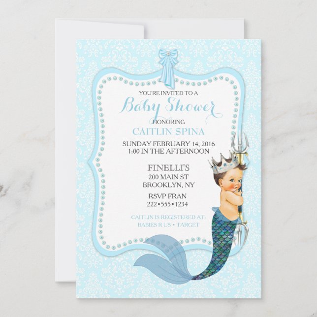 Baby Boy Merman Merboy Prince Crown Damask Convite (Frente)